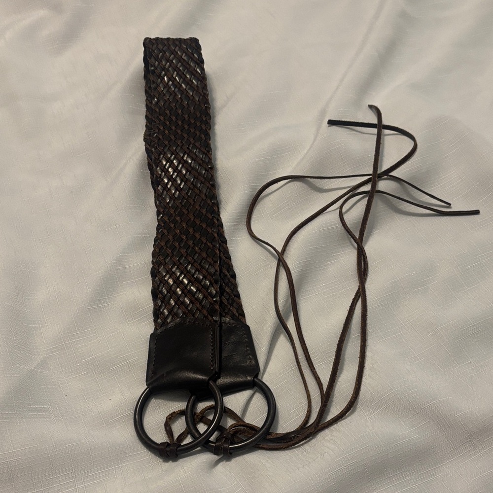 VTG Express Dark Brown Braided Leather Waist Belt SZ L  w/Metal Rings Boho Indie